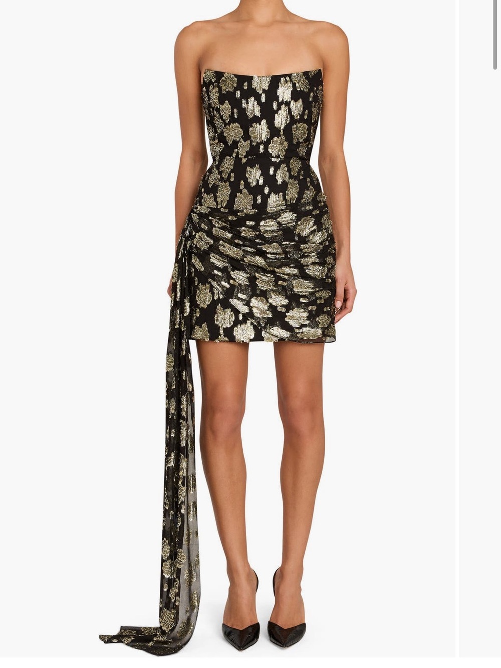 Amanda Uprichard Alaia metallic gold black floral Strapless holiday party dress